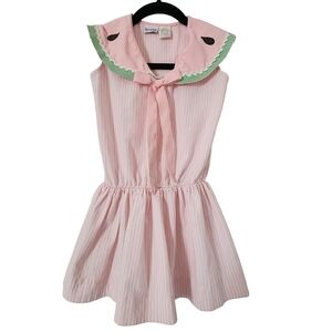 Nannette Vintage Watermelon Pink Striped Dress Baby Doll Collar Bow (S)